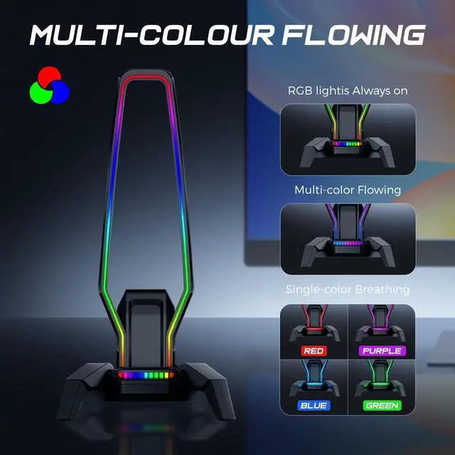 Alt view image 2 of 7 - RGB Headphone Stand Data Transmission, 9 Lights Mode Headset Holder with 1 USB-C & 3 USB Ports & 1 3.5mm Jack Port, Ultimate Gaming Accessories for Gamers for PS, Xbox, PC