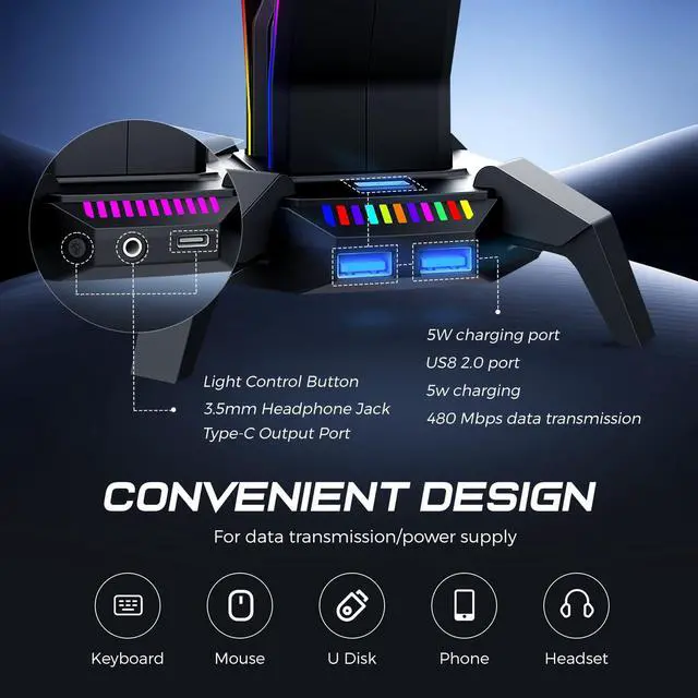 Alt view image 3 of 7 - RGB Headphone Stand Data Transmission, 9 Lights Mode Headset Holder with 1 USB-C & 3 USB Ports & 1 3.5mm Jack Port, Ultimate Gaming Accessories for Gamers for PS, Xbox, PC