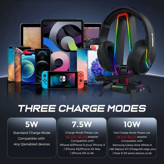 Alt view image 4 of 7 - RGB Headphone Stand Data Transmission, 9 Lights Mode Headset Holder with 1 USB-C & 3 USB Ports & 1 3.5mm Jack Port, Ultimate Gaming Accessories for Gamers for PS, Xbox, PC