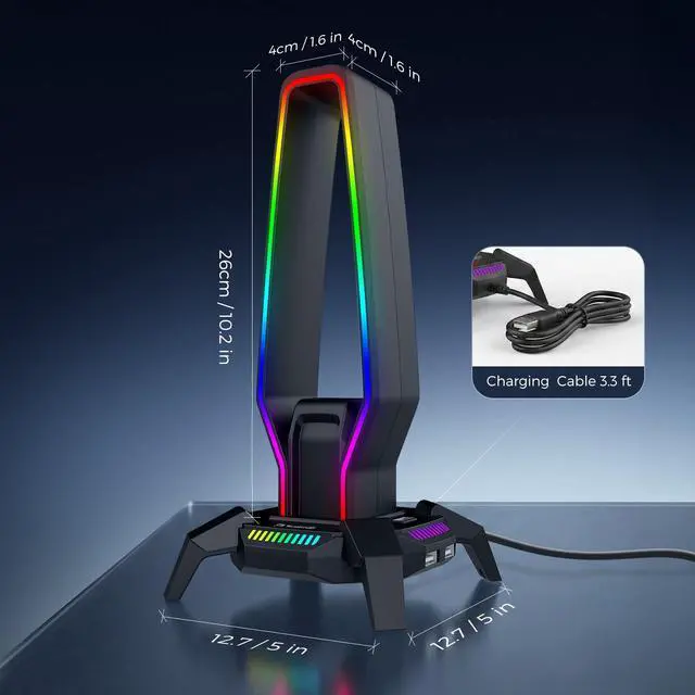 Alt view image 5 of 7 - RGB Headphone Stand Data Transmission, 9 Lights Mode Headset Holder with 1 USB-C & 3 USB Ports & 1 3.5mm Jack Port, Ultimate Gaming Accessories for Gamers for PS, Xbox, PC
