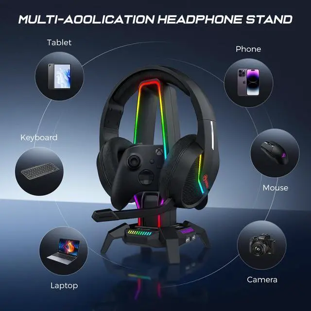 Alt view image 7 of 7 - RGB Headphone Stand Data Transmission, 9 Lights Mode Headset Holder with 1 USB-C & 3 USB Ports & 1 3.5mm Jack Port, Ultimate Gaming Accessories for Gamers for PS, Xbox, PC