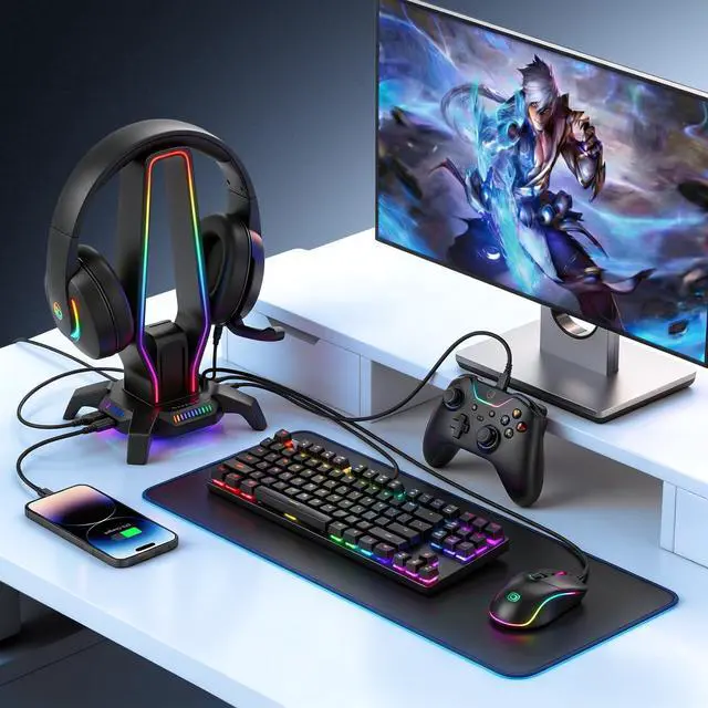 Alt view image 6 of 7 - RGB Headphone Stand Data Transmission, 9 Lights Mode Headset Holder with 1 USB-C & 3 USB Ports & 1 3.5mm Jack Port, Ultimate Gaming Accessories for Gamers for PS, Xbox, PC