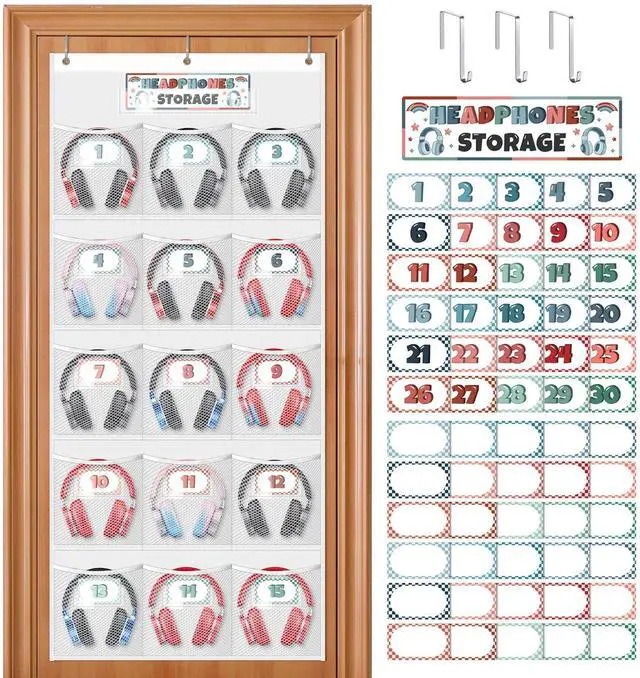 Main image of Headphone Storage Classroom with 15 Durable Polyester Mesh Pockets, Door Hanging Headphone Holder for Classroom Library, Headphone Organizer with 61 Reusable Card & 3 Hooks