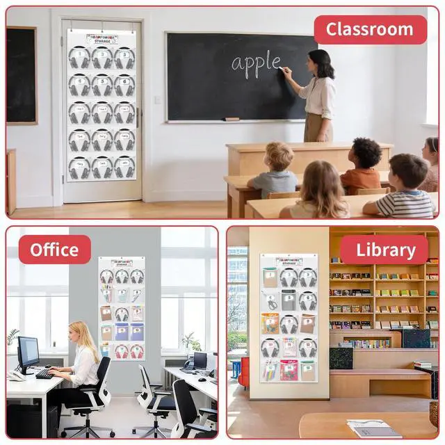 Alt view image 2 of 7 - Headphone Storage Classroom with 15 Durable Polyester Mesh Pockets, Door Hanging Headphone Holder for Classroom Library, Headphone Organizer with 61 Reusable Card & 3 Hooks