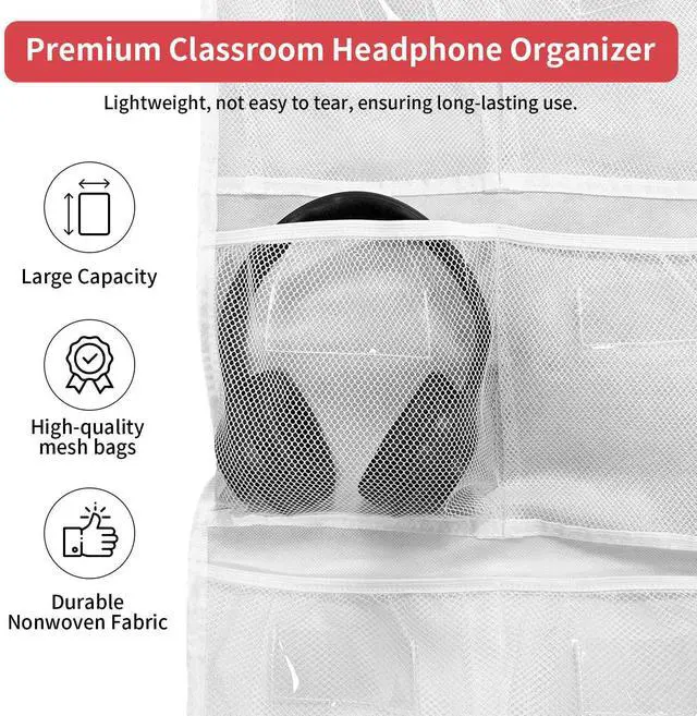 Alt view image 3 of 7 - Headphone Storage Classroom with 15 Durable Polyester Mesh Pockets, Door Hanging Headphone Holder for Classroom Library, Headphone Organizer with 61 Reusable Card & 3 Hooks
