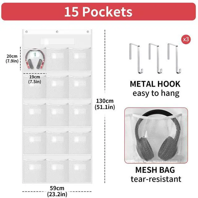 Alt view image 5 of 7 - Headphone Storage Classroom with 15 Durable Polyester Mesh Pockets, Door Hanging Headphone Holder for Classroom Library, Headphone Organizer with 61 Reusable Card & 3 Hooks