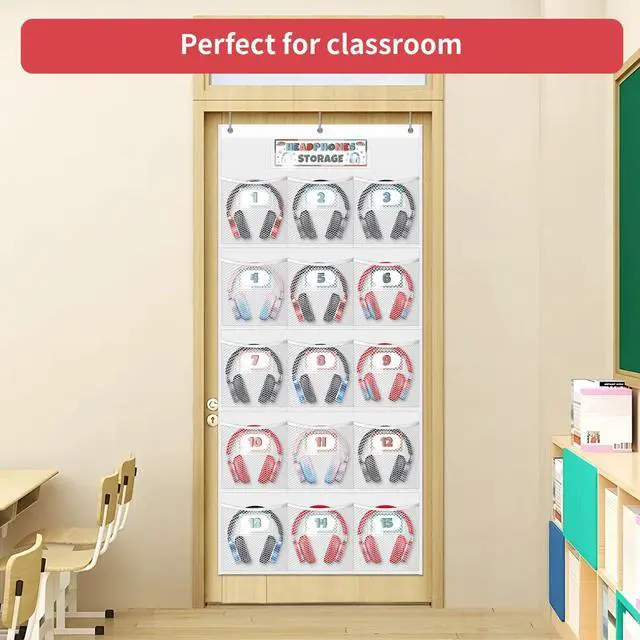Alt view image 7 of 7 - Headphone Storage Classroom with 15 Durable Polyester Mesh Pockets, Door Hanging Headphone Holder for Classroom Library, Headphone Organizer with 61 Reusable Card & 3 Hooks