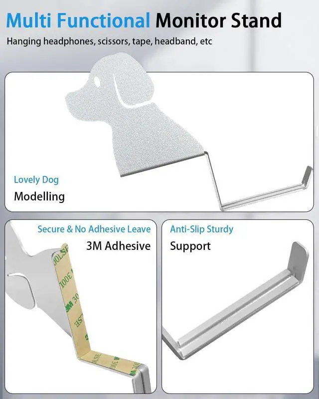 Alt view image 2 of 5 - Monitor Stand, Puppy Tail Hook for Headphone, Saves Desk Space and Protects Headphones, Organizer Decorative Hanger for Hanging Keys Cables and More (Silvery)
