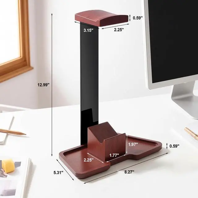 Alt view image 3 of 7 - Headset Stand with Gaming Controller Holder, Walnut Wood Headphone Stand with Storage Base,Gaming Equipment Accessories for Desk, Boyfriends, Brothers, Xbox, PS4, PS5, PC
