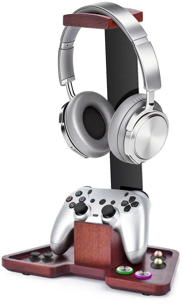 Main image of Headset Stand with Gaming Controller Holder, Walnut Wood Headphone Stand with Storage Base,Gaming Equipment Accessories for Desk, Boyfriends, Brothers, Xbox, PS4, PS5, PC