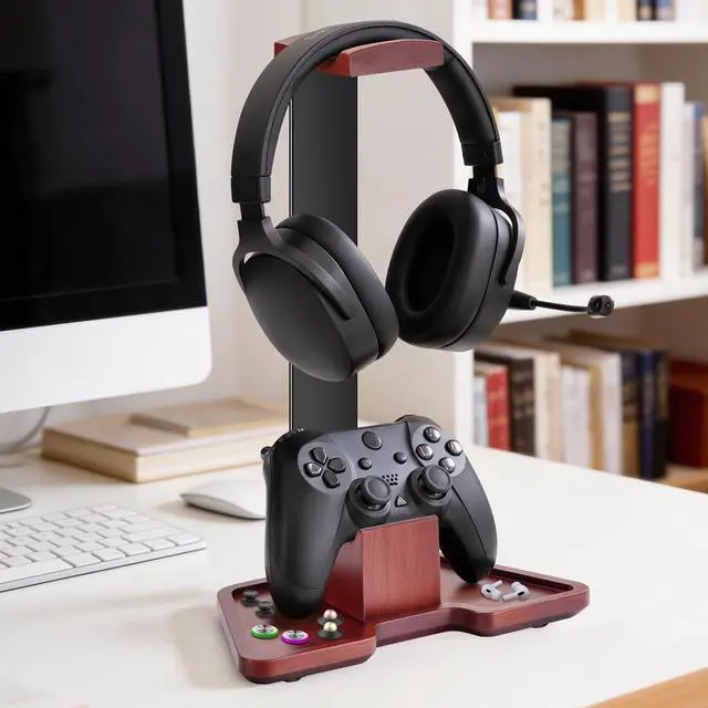 Alt view image 5 of 7 - Headset Stand with Gaming Controller Holder, Walnut Wood Headphone Stand with Storage Base,Gaming Equipment Accessories for Desk, Boyfriends, Brothers, Xbox, PS4, PS5, PC