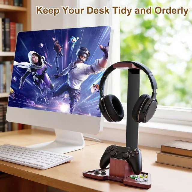 Alt view image 2 of 7 - Headset Stand with Gaming Controller Holder, Walnut Wood Headphone Stand with Storage Base,Gaming Equipment Accessories for Desk, Boyfriends, Brothers, Xbox, PS4, PS5, PC