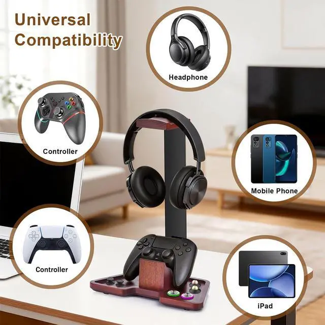 Alt view image 6 of 7 - Headset Stand with Gaming Controller Holder, Walnut Wood Headphone Stand with Storage Base,Gaming Equipment Accessories for Desk, Boyfriends, Brothers, Xbox, PS4, PS5, PC
