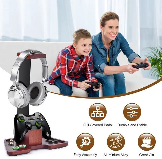 Alt view image 7 of 7 - Headset Stand with Gaming Controller Holder, Walnut Wood Headphone Stand with Storage Base,Gaming Equipment Accessories for Desk, Boyfriends, Brothers, Xbox, PS4, PS5, PC
