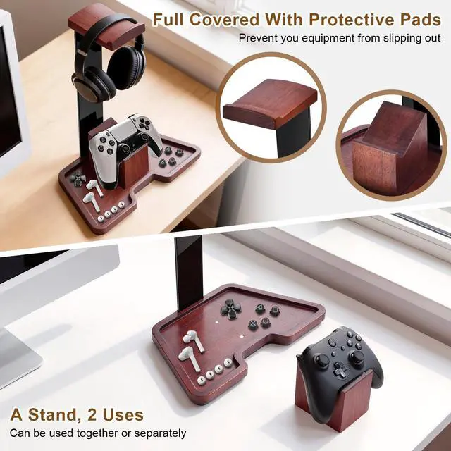 Alt view image 4 of 7 - Headset Stand with Gaming Controller Holder, Walnut Wood Headphone Stand with Storage Base,Gaming Equipment Accessories for Desk, Boyfriends, Brothers, Xbox, PS4, PS5, PC