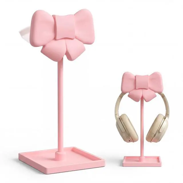 Main image of Pink Bow Headphone Stand Cute Curved Headphone Holder with Storage Tray Pink Coquette Gaming Headset Holder for Desk Space Saving Organizer Desktop for Women All Headset Home Office Setup
