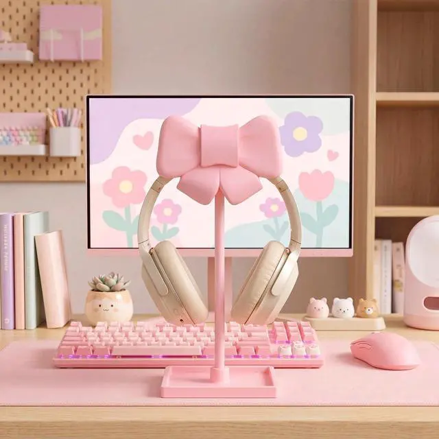 Alt view image 3 of 6 - Pink Bow Headphone Stand Cute Curved Headphone Holder with Storage Tray Pink Coquette Gaming Headset Holder for Desk Space Saving Organizer Desktop for Women All Headset Home Office Setup