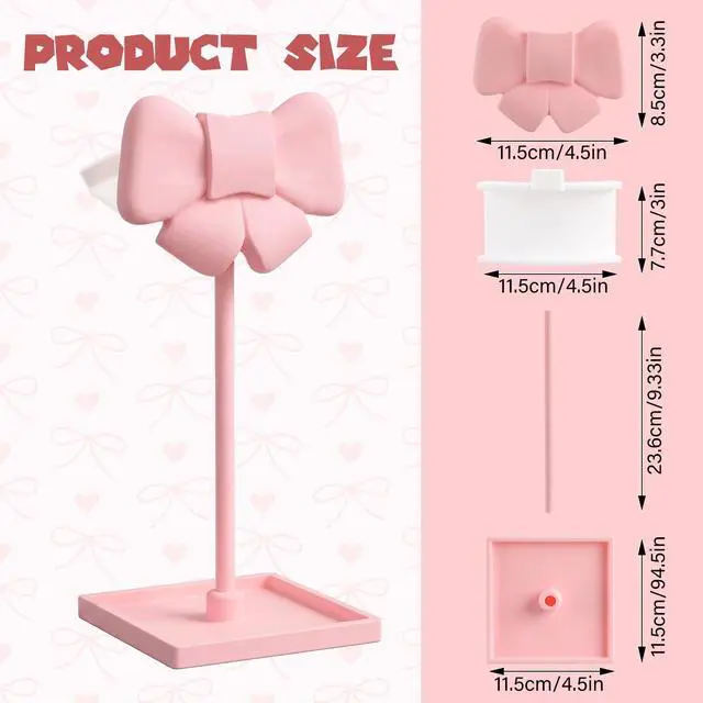 Alt view image 2 of 6 - Pink Bow Headphone Stand Cute Curved Headphone Holder with Storage Tray Pink Coquette Gaming Headset Holder for Desk Space Saving Organizer Desktop for Women All Headset Home Office Setup