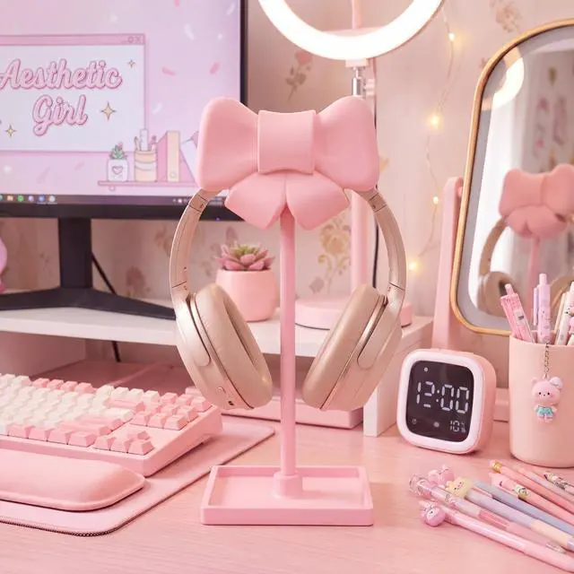 Alt view image 4 of 6 - Pink Bow Headphone Stand Cute Curved Headphone Holder with Storage Tray Pink Coquette Gaming Headset Holder for Desk Space Saving Organizer Desktop for Women All Headset Home Office Setup