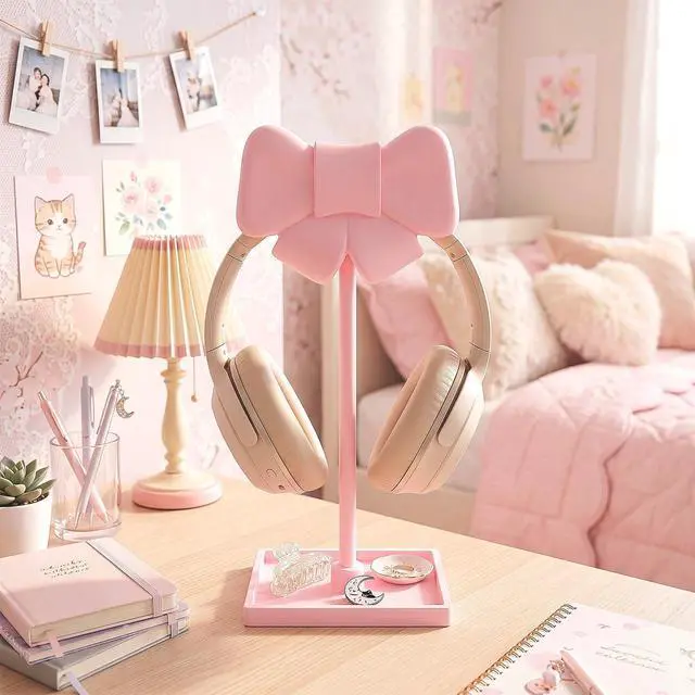 Alt view image 5 of 6 - Pink Bow Headphone Stand Cute Curved Headphone Holder with Storage Tray Pink Coquette Gaming Headset Holder for Desk Space Saving Organizer Desktop for Women All Headset Home Office Setup