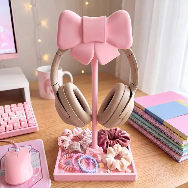 Alt view image 6 of 6 - Pink Bow Headphone Stand Cute Curved Headphone Holder with Storage Tray Pink Coquette Gaming Headset Holder for Desk Space Saving Organizer Desktop for Women All Headset Home Office Setup