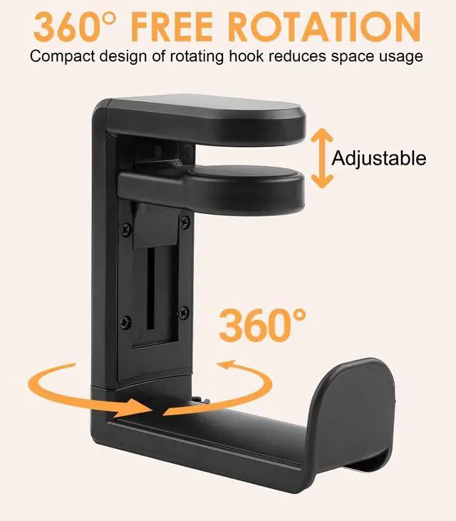 Alt view image 3 of 7 - Rotating Headphone Stand, No-Drill 360° Rotating PC Gaming Headset & Controller Holder, Under Desk Hanger with 360 Degree Swivel & Cable Clip Organizer