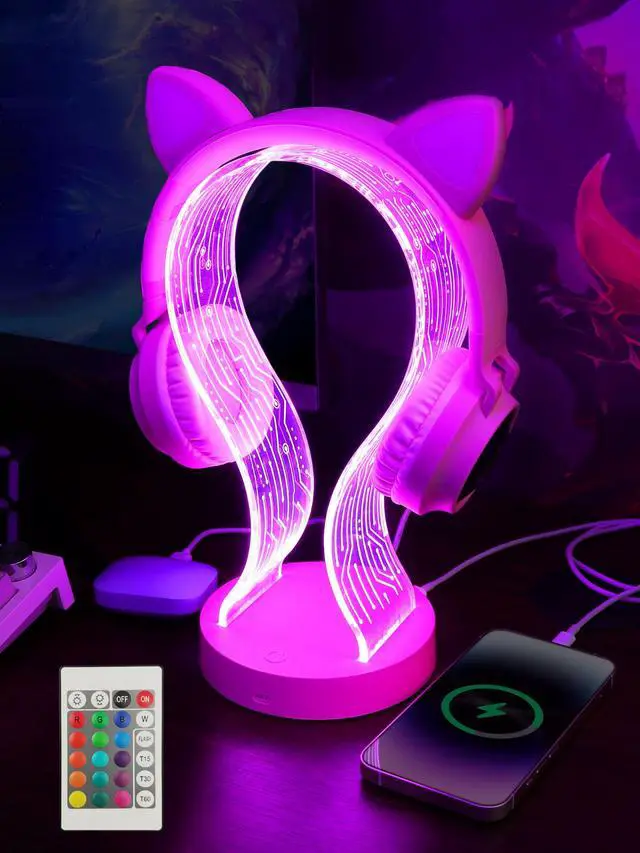 Main image of Pink Headphone Stand, with 1 USB Charging Port and 1 Type-C Charging Ports, Desk Gaming Headset Holder, 16 Changing Colors with Remote, Gift for Gamers Girl and Music Lovers