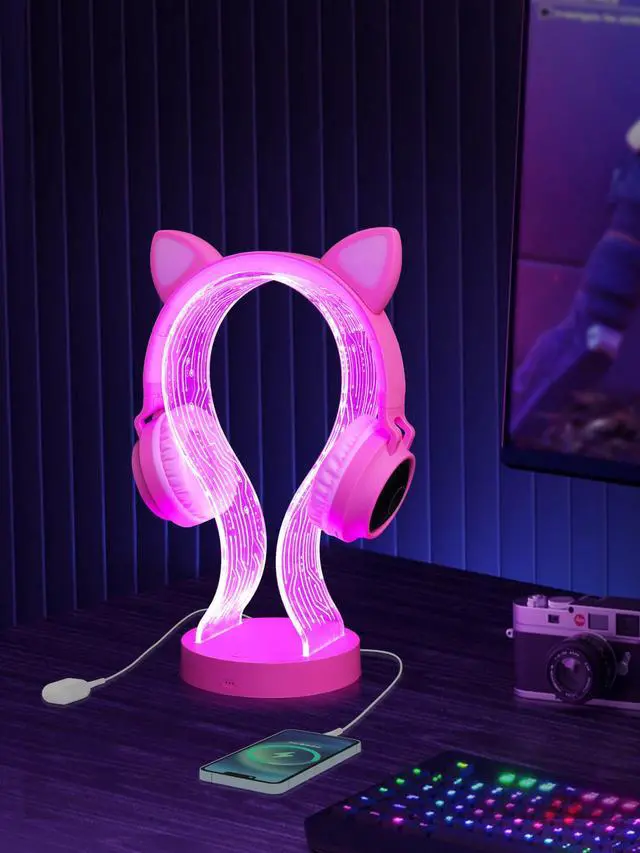 Alt view image 4 of 7 - Pink Headphone Stand, with 1 USB Charging Port and 1 Type-C Charging Ports, Desk Gaming Headset Holder, 16 Changing Colors with Remote, Gift for Gamers Girl and Music Lovers
