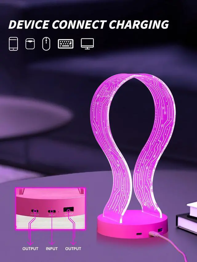 Alt view image 3 of 7 - Pink Headphone Stand, with 1 USB Charging Port and 1 Type-C Charging Ports, Desk Gaming Headset Holder, 16 Changing Colors with Remote, Gift for Gamers Girl and Music Lovers