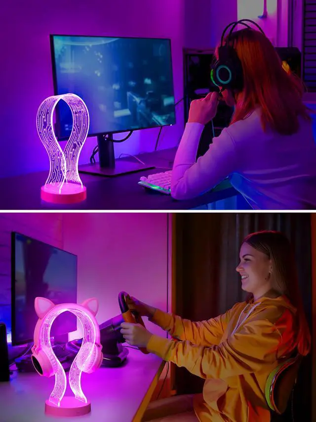 Alt view image 5 of 7 - Pink Headphone Stand, with 1 USB Charging Port and 1 Type-C Charging Ports, Desk Gaming Headset Holder, 16 Changing Colors with Remote, Gift for Gamers Girl and Music Lovers