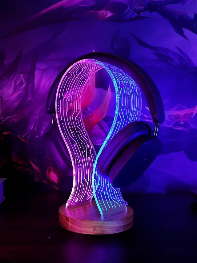 Main image of Headphone Stand, Walnut Wood Headset Holder with Blue Pink LED Night Light for Gamers, Men, and Music Lovers - Perfect Desk Gift Idea