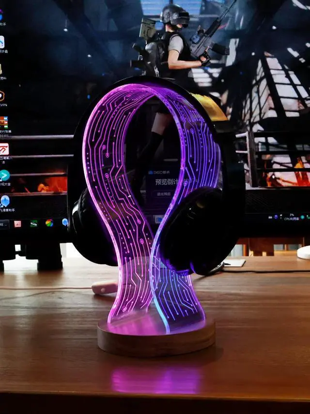 Alt view image 3 of 7 - Headphone Stand, Walnut Wood Headset Holder with Blue Pink LED Night Light for Gamers, Men, and Music Lovers - Perfect Desk Gift Idea