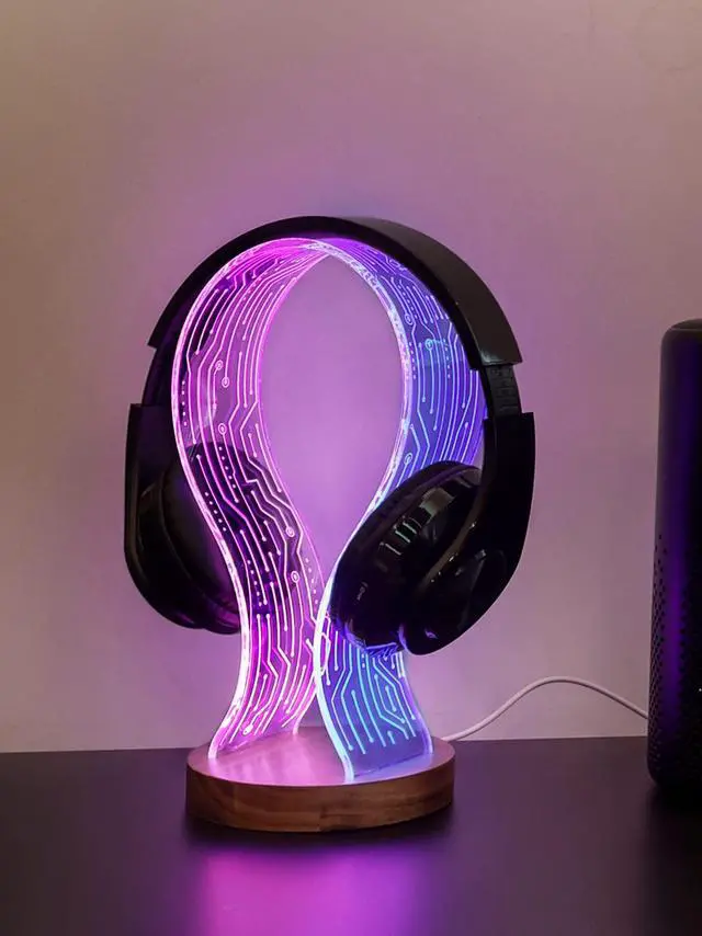 Alt view image 6 of 7 - Headphone Stand, Walnut Wood Headset Holder with Blue Pink LED Night Light for Gamers, Men, and Music Lovers - Perfect Desk Gift Idea