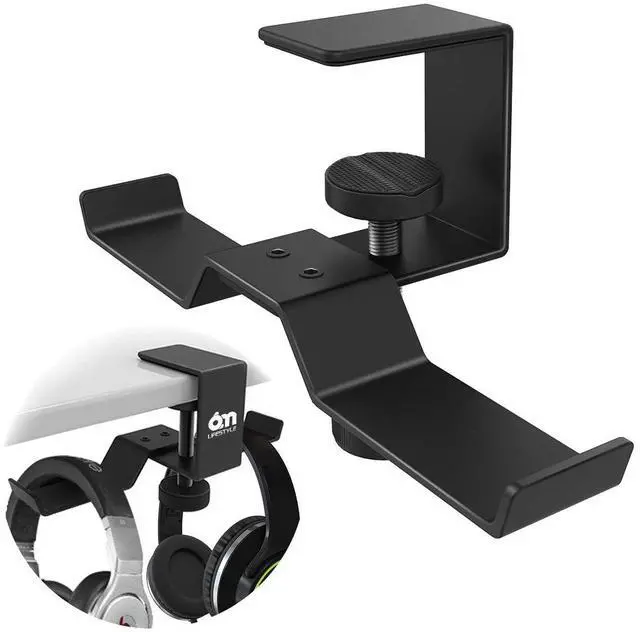 Main image of Under Desk Dual Headphone Hanger, Metal Headset Stand Gaming Earphone Holder Universal Clamp on Desk Hanger Hook for All Headsets, Black (Patent)