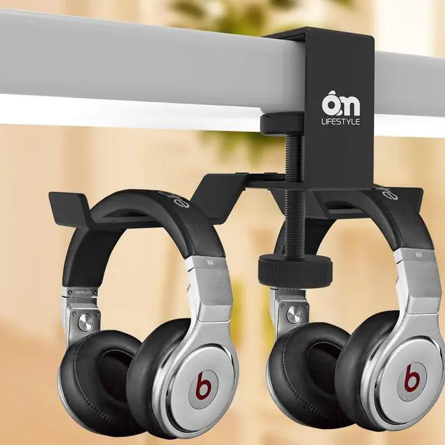 Alt view image 2 of 6 - Under Desk Dual Headphone Hanger, Metal Headset Stand Gaming Earphone Holder Universal Clamp on Desk Hanger Hook for All Headsets, Black (Patent)