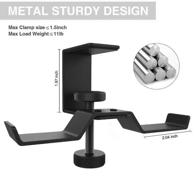 Alt view image 3 of 6 - Under Desk Dual Headphone Hanger, Metal Headset Stand Gaming Earphone Holder Universal Clamp on Desk Hanger Hook for All Headsets, Black (Patent)