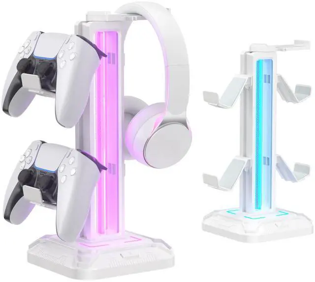 Main image of RGB Headset Stand with 9 Light Modes - Controller Holder for Desk - Rotatable Headphone Stand & Detachable Controller Hook for PC Earphone Accessories(White)