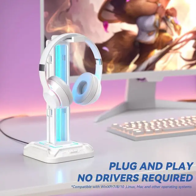 Alt view image 3 of 7 - RGB Headset Stand with 9 Light Modes - Controller Holder for Desk - Rotatable Headphone Stand & Detachable Controller Hook for PC Earphone Accessories(White)