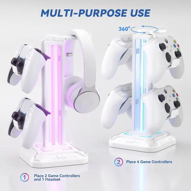 Alt view image 4 of 7 - RGB Headset Stand with 9 Light Modes - Controller Holder for Desk - Rotatable Headphone Stand & Detachable Controller Hook for PC Earphone Accessories(White)