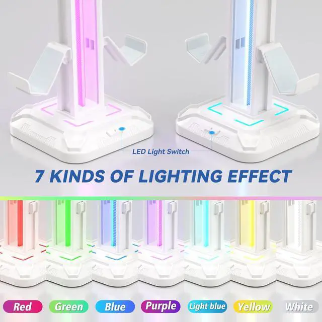 Alt view image 2 of 7 - RGB Headset Stand with 9 Light Modes - Controller Holder for Desk - Rotatable Headphone Stand & Detachable Controller Hook for PC Earphone Accessories(White)