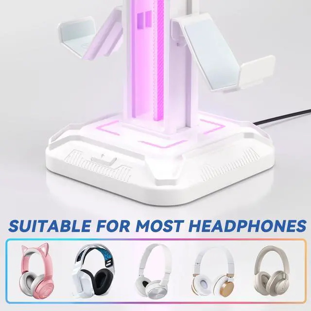 Alt view image 5 of 7 - RGB Headset Stand with 9 Light Modes - Controller Holder for Desk - Rotatable Headphone Stand & Detachable Controller Hook for PC Earphone Accessories(White)