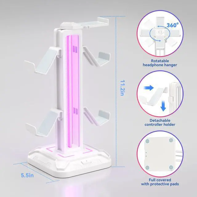 Alt view image 6 of 7 - RGB Headset Stand with 9 Light Modes - Controller Holder for Desk - Rotatable Headphone Stand & Detachable Controller Hook for PC Earphone Accessories(White)