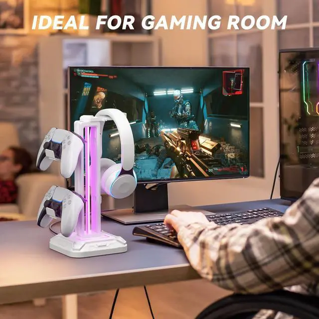 Alt view image 7 of 7 - RGB Headset Stand with 9 Light Modes - Controller Holder for Desk - Rotatable Headphone Stand & Detachable Controller Hook for PC Earphone Accessories(White)