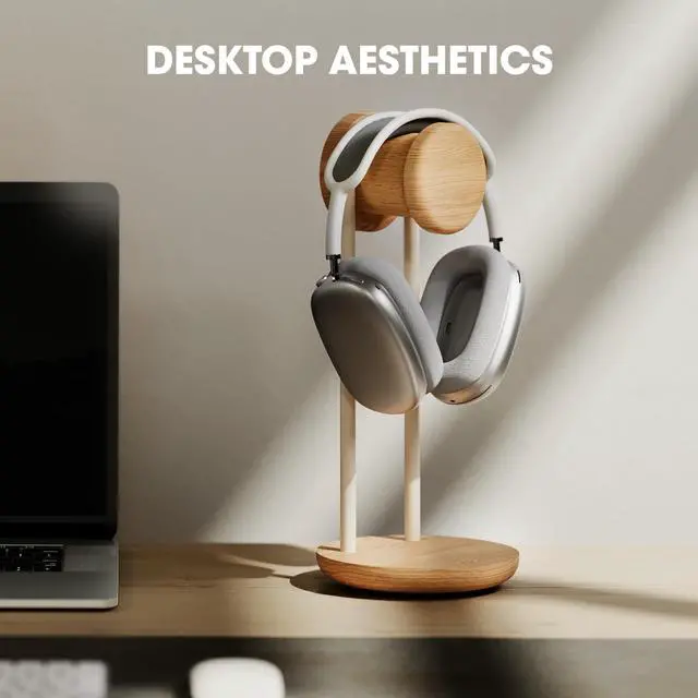 Alt view image 3 of 7 - 11.3" Tall Headphone Stand for Desk, Nature Wood & Metal Headphone Holder with Storage Base, Desktop Headset Stand for Gaming Universal Headphones, Oak