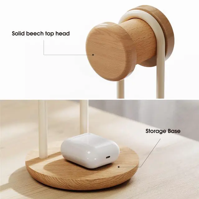 Alt view image 5 of 7 - 11.3" Tall Headphone Stand for Desk, Nature Wood & Metal Headphone Holder with Storage Base, Desktop Headset Stand for Gaming Universal Headphones, Oak