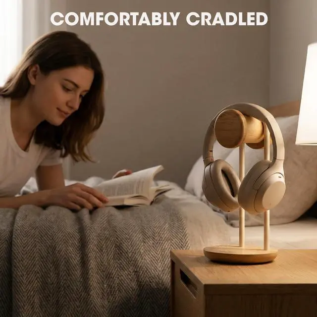 Alt view image 6 of 7 - 11.3" Tall Headphone Stand for Desk, Nature Wood & Metal Headphone Holder with Storage Base, Desktop Headset Stand for Gaming Universal Headphones, Oak