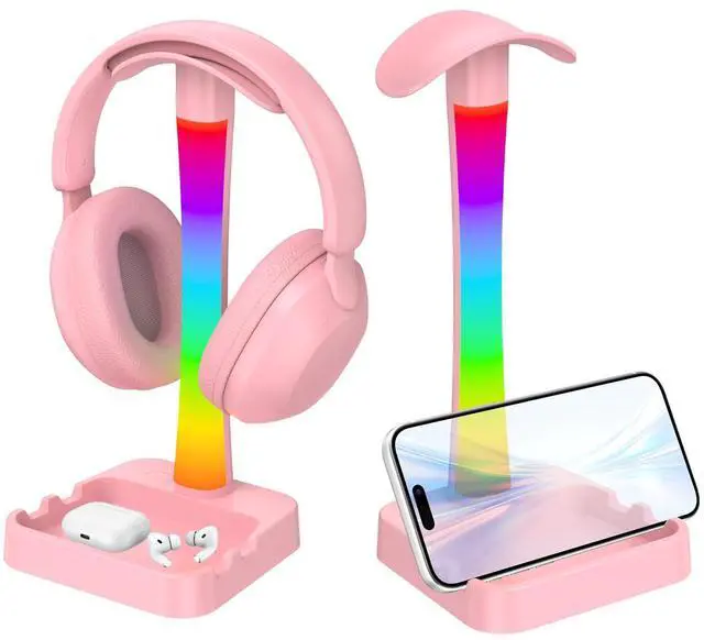 Main image of Headphone Stand with Charger,Gaming Headset stand with RGB Light Mode,For Airpod Max Stand,Desk Lamp,Phone Holder,Tablet Holder,desktop organizer,Gifts for Gamers & Music Lover (Pink)