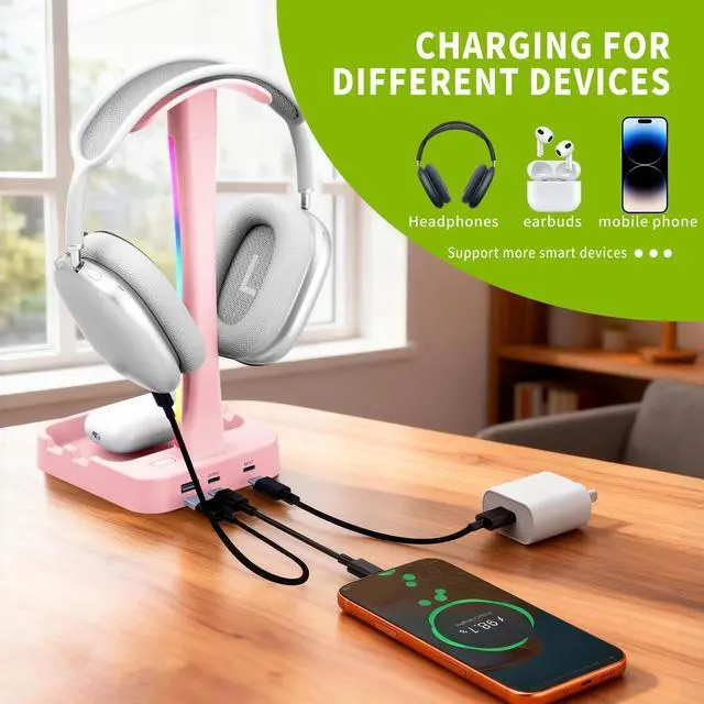 Alt view image 2 of 7 - Headphone Stand with Charger,Gaming Headset stand with RGB Light Mode,For Airpod Max Stand,Desk Lamp,Phone Holder,Tablet Holder,desktop organizer,Gifts for Gamers & Music Lover (Pink)