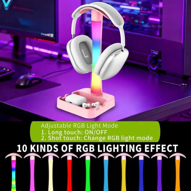 Alt view image 3 of 7 - Headphone Stand with Charger,Gaming Headset stand with RGB Light Mode,For Airpod Max Stand,Desk Lamp,Phone Holder,Tablet Holder,desktop organizer,Gifts for Gamers & Music Lover (Pink)