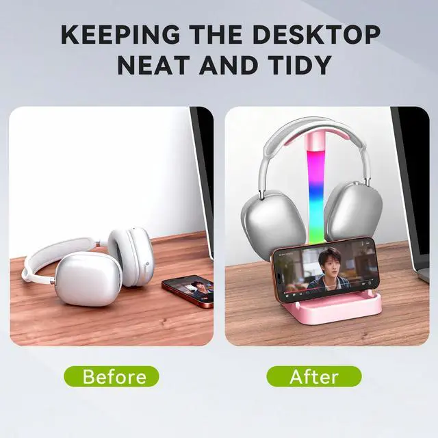 Alt view image 6 of 7 - Headphone Stand with Charger,Gaming Headset stand with RGB Light Mode,For Airpod Max Stand,Desk Lamp,Phone Holder,Tablet Holder,desktop organizer,Gifts for Gamers & Music Lover (Pink)